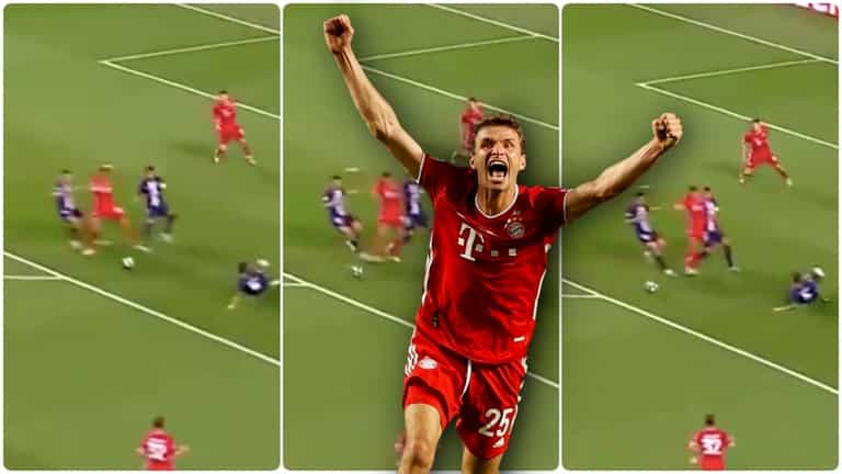 Perfect Thomas Muller first touch dismantles PSG defence Perfect Thomas Muller first touch dismantles PSG defence