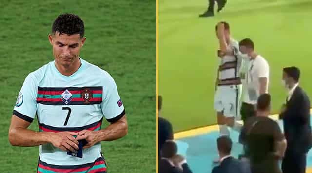 Disappointed Cristiano Ronaldo kicks armband away after Euro 2020 exit Disappointed Cristiano Ronaldo kicks armband away after Euro 2020 exit