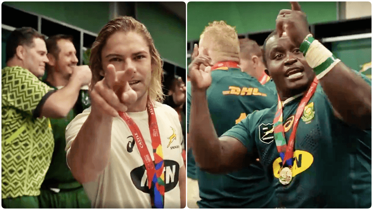 Post-match scenes from Springboks changing room show Owen Farrell’s big jersey swap