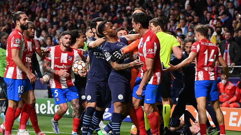 Man City and Atletico Madrid players clash during Champions League tie Man City and Atletico Madrid players clash during Champions League tie