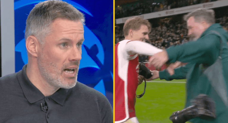 Jamie Carragher scolds Martin Ødegaard for his celebrations after Arsenal’s win over Liverpool Jamie Carragher scolds Martin Ødegaard for his celebrations after Arsenal’s win over Liverpool
