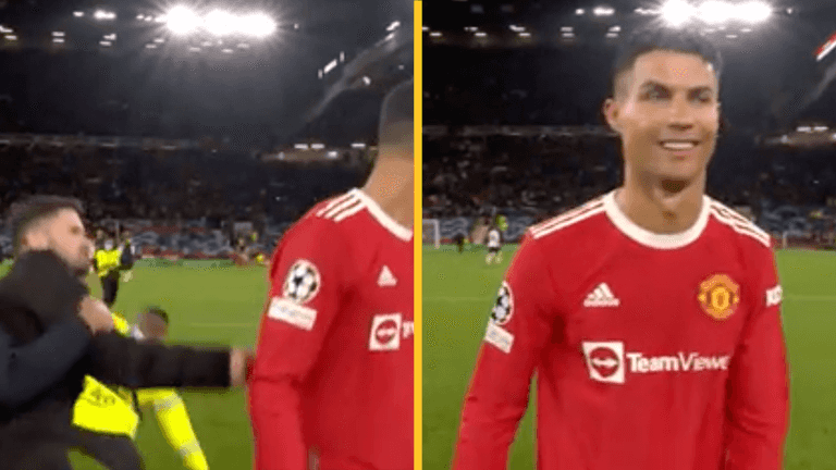 Cristiano Ronaldo chased by pitch invader after victory over Atalanta Cristiano Ronaldo chased by pitch invader after victory over Atalanta
