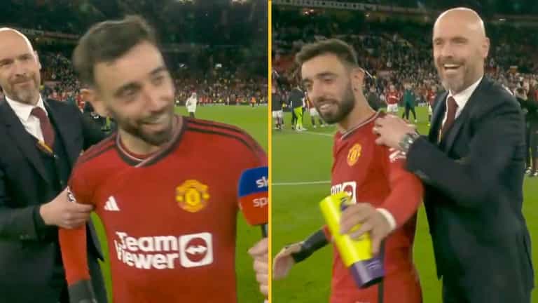 Bruno Fernandes dragged away from Sky Sports interview by Erik ten Hag Bruno Fernandes dragged away from Sky Sports interview by Erik ten Hag