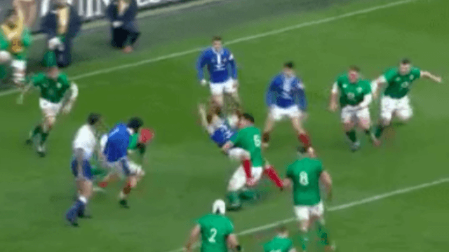 France scrum half finds out what happens when you take a run at James Ryan