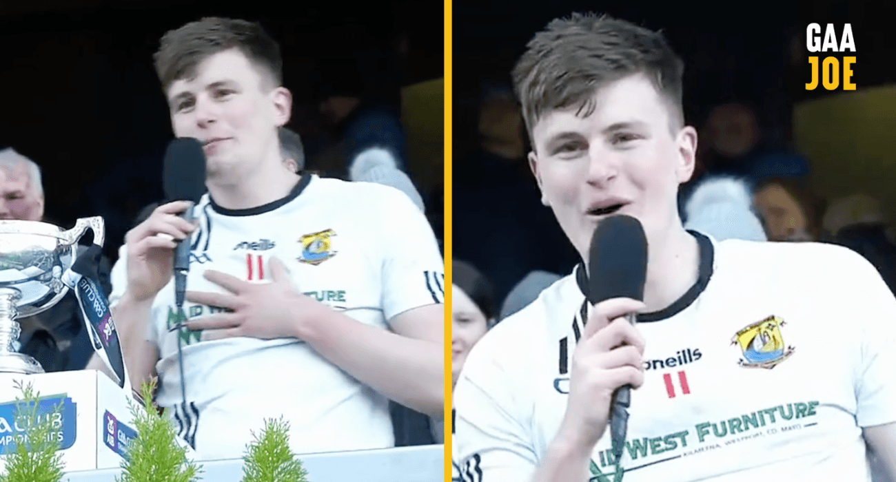 “To the supporters, and the wags!” – Kilmeena captain Sean Ryder gives one of the great Croke Park speeches