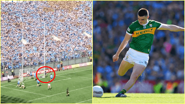 Evan Comerford shakes the post in an attempt to put Sean O’Shea off