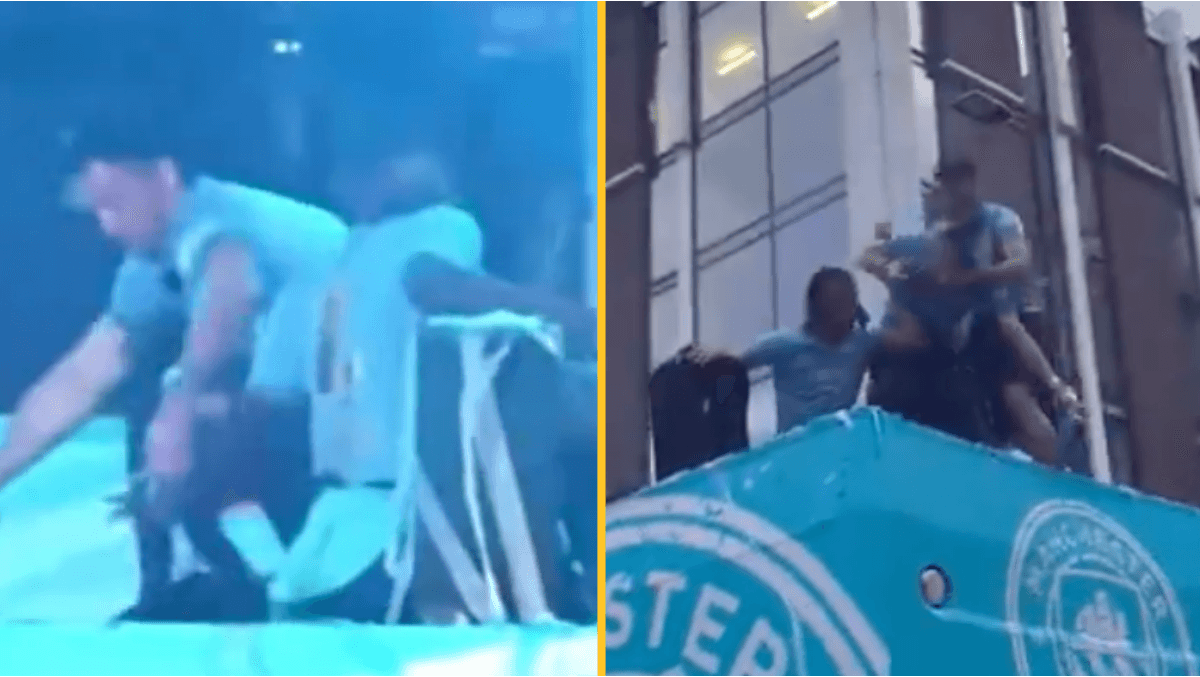 Jack Grealish almost falls off bus twice during Man City trophy parade