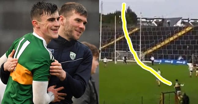 Seanie O’Shea releases inner Maurice Fitzgerald with sideline missile Seanie O’Shea releases inner Maurice Fitzgerald with sideline missile