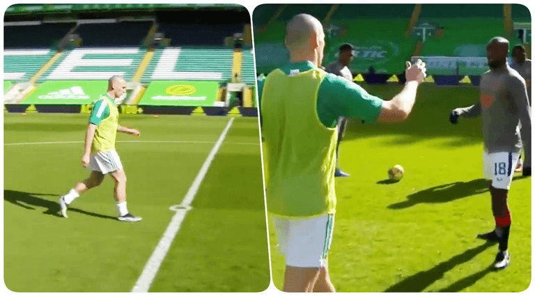 Scott Brown embraces Rangers’ Glen Kamara ahead of Old Firm
