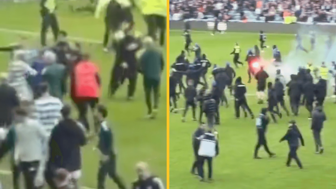 Ugly scenes as Rangers fans storm pitch and go after Celtic players