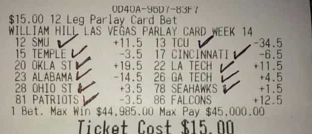 PIC: The guy who won $45,000 on this 12-fold American Football bet must be some kind of wizard PIC: The guy who won $45,000 on this 12-fold American Football bet must be some kind of wizard