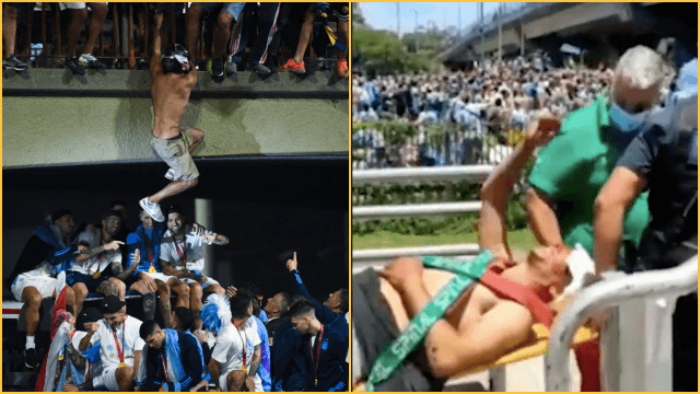 Argentina players forced to abandon bus parade as fans jump from bridge Argentina players forced to abandon bus parade as fans jump from bridge