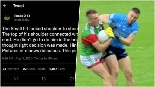 “The top of his shoulder connected with head” – Tomás Ó Sé reviews the John Small tackle on Twitter “The top of his shoulder connected with head” – Tomás Ó Sé reviews the John Small tackle on Twitter