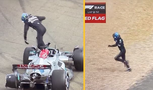 George Russell abandons car to check on Zhou Guanyu after horror crash George Russell abandons car to check on Zhou Guanyu after horror crash