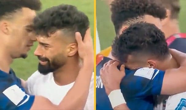 USA and Iran players share emotional embrace after full-time USA and Iran players share emotional embrace after full-time