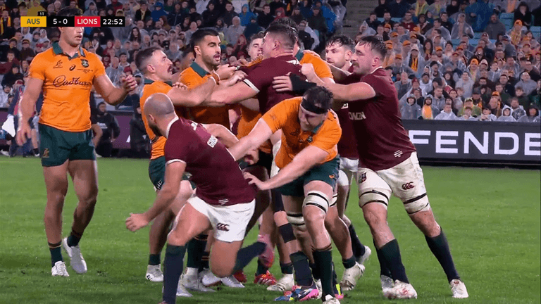 10-man brawl erupts in Lions’ final test match with Australia. 10-man brawl erupts in Lions’ final test match with Australia.