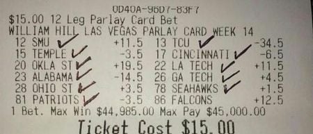 PIC: The guy who won $45,000 on this 12-fold American Football bet must be some kind of wizard