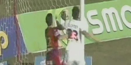 VIDEO: WTF as Greek striker handballs his own shot to prevent goal