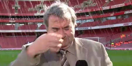 VIDEO: BBC commentator Jonathan Pearce got an unexpected soaking at the Emirates earlier