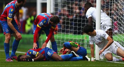 VINE: Gruesome three-player pile-up after nasty collision with the post during Crystal Palace goal