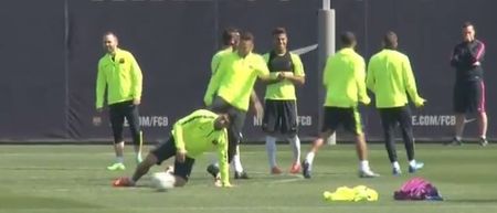 Video: Neymar and Dani Alves boot Luis Suarez up the arse in training