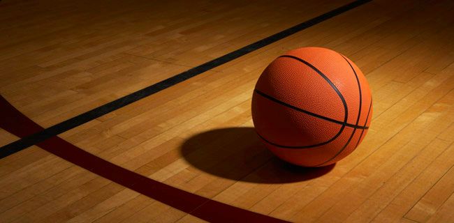 Basketball on basketball court, elevated view