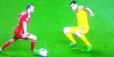 VINE: Andres Inestia bamboozles a Ukraine defender with a swivel of his Spanish hips