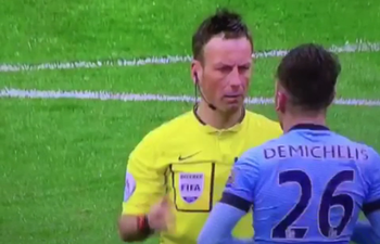 Vine: Mark Clattenburg was not impressed by Martin Demichelis’ attempt to win a free-kick