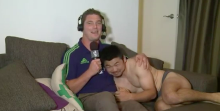 Video: Underwear clad rugby player invades team-mate’s TV interview