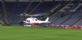 Video: Leicester owner lands his private helicopter on pitch