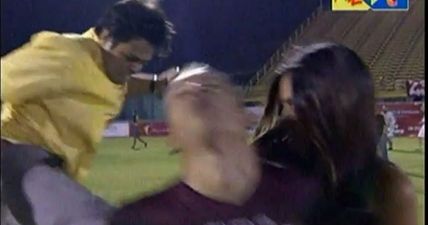 VINE: Venezuelan player gets horribly blindsided by kung-fu kick of idiot “fan”