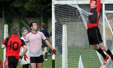 Jaw-dropping vertical leap sees Down club goalkeeper pull off amazing save