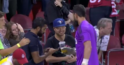 VIDEO: Toronto goalkeeper is gasping for a pint so supporter helps him out