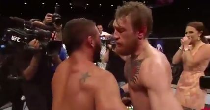 Listen carefully as Conor McGregor calls Jose Aldo a “juicehead p***y” as he hugged Chad Mendes