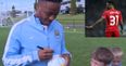 WATCH: Raheem Sterling isn’t used to his Man City shirt number as he signs number 31 for fan