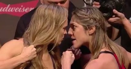 One of the more intense staredowns as Ronda Rousey and Bethe Correia both make weight