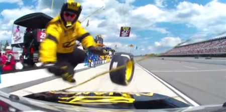 Video: Pit lane chaos as over-enthusiastic Nascar driver skittles tyre crew