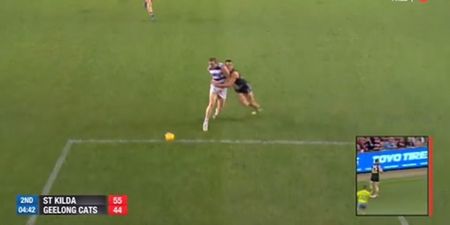 WATCH: Aussie Rules star milks open goal chance, gets clattered out of nowhere