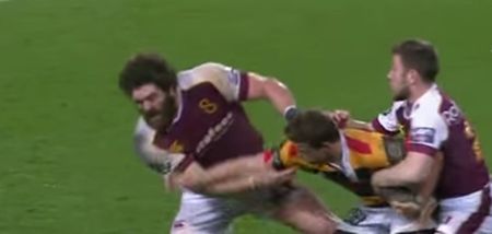 Video: Scrum-half delivers huge hand-off to 20-stone prop