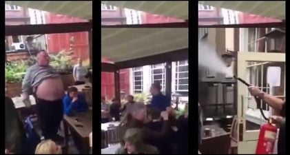 Watch: Angry barmaid tries to shut rowdy Stoke fans up by spraying them with a fire extinguisher