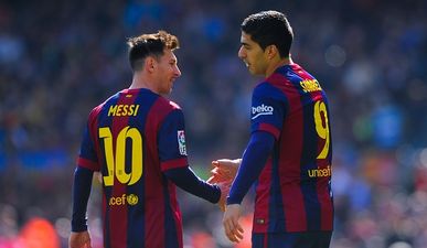 Pic: Lionel Messi thanks Luis Suarez for a very unusual present