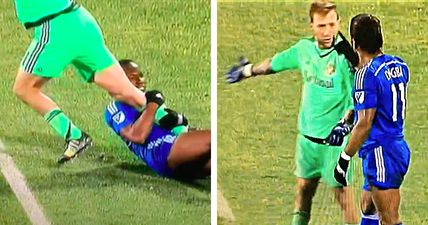 VIDEO: Drogba wrestles goalkeeper to the ground by his leg in bizarre challenge…and only gets booked