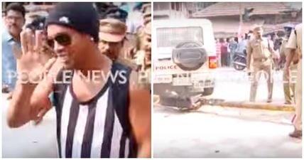 VIDEO: Near-death experience for Ronaldinho in India as traffic pole almost falls on car