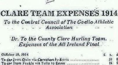 PIC: The expenses for the Clare senior hurlers from their 1914 All-Ireland win are really quaint