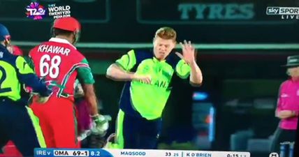 WATCH: Oman batsman swings wildly at Kevin O’Brien’s legs during wicket celebrations