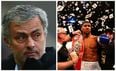 Jose Mourinho looks thoroughly miserable as he watches the climax to Anthony Joshua’s fight