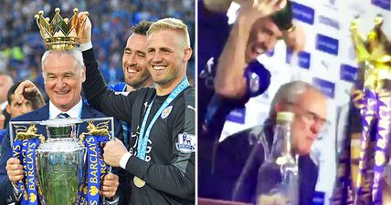 Shocked Claudio Ranieri is drenched with champagne by his players during press conference