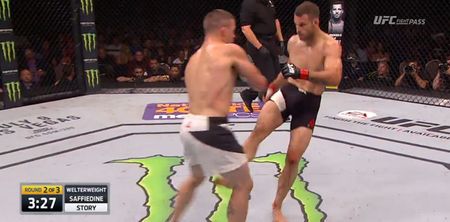 Pic: Tarec Saffiedine’s brutal leg kicks certainly left their mark on Rick Story