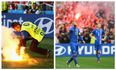 More flares are thrown on the pitch following Hungary’s late equaliser