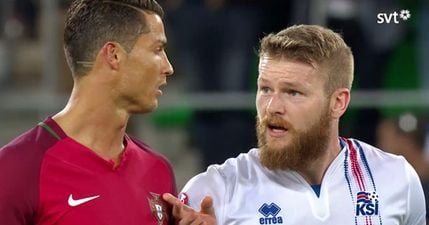 PIC: Iceland captain eventually got his hands on that elusive Cristiano Ronaldo jersey